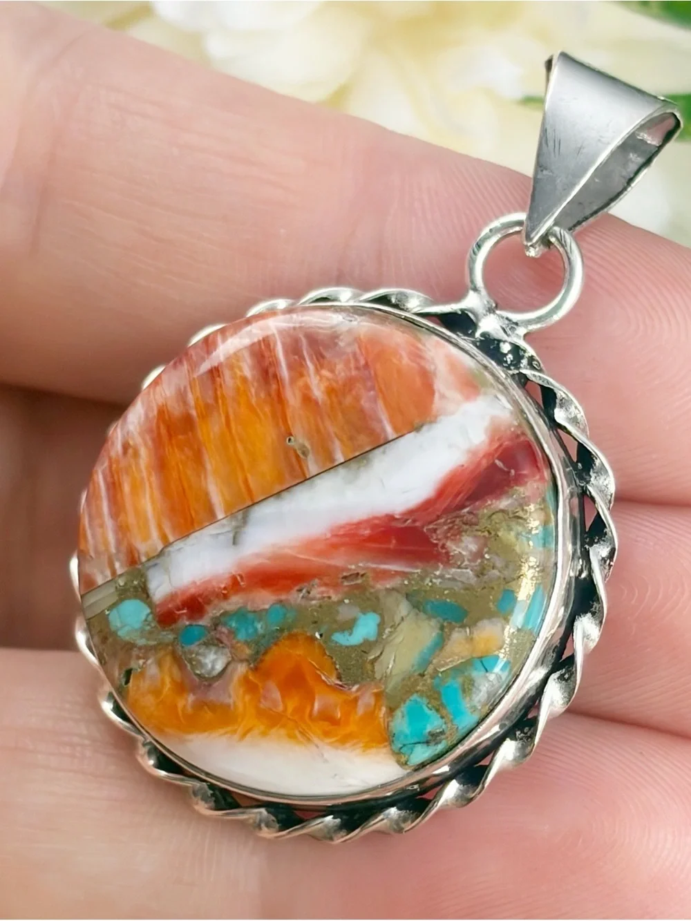 New Southwest Round Oyster Copper Turquoise Pendant 925 Sterling Silver Overlay